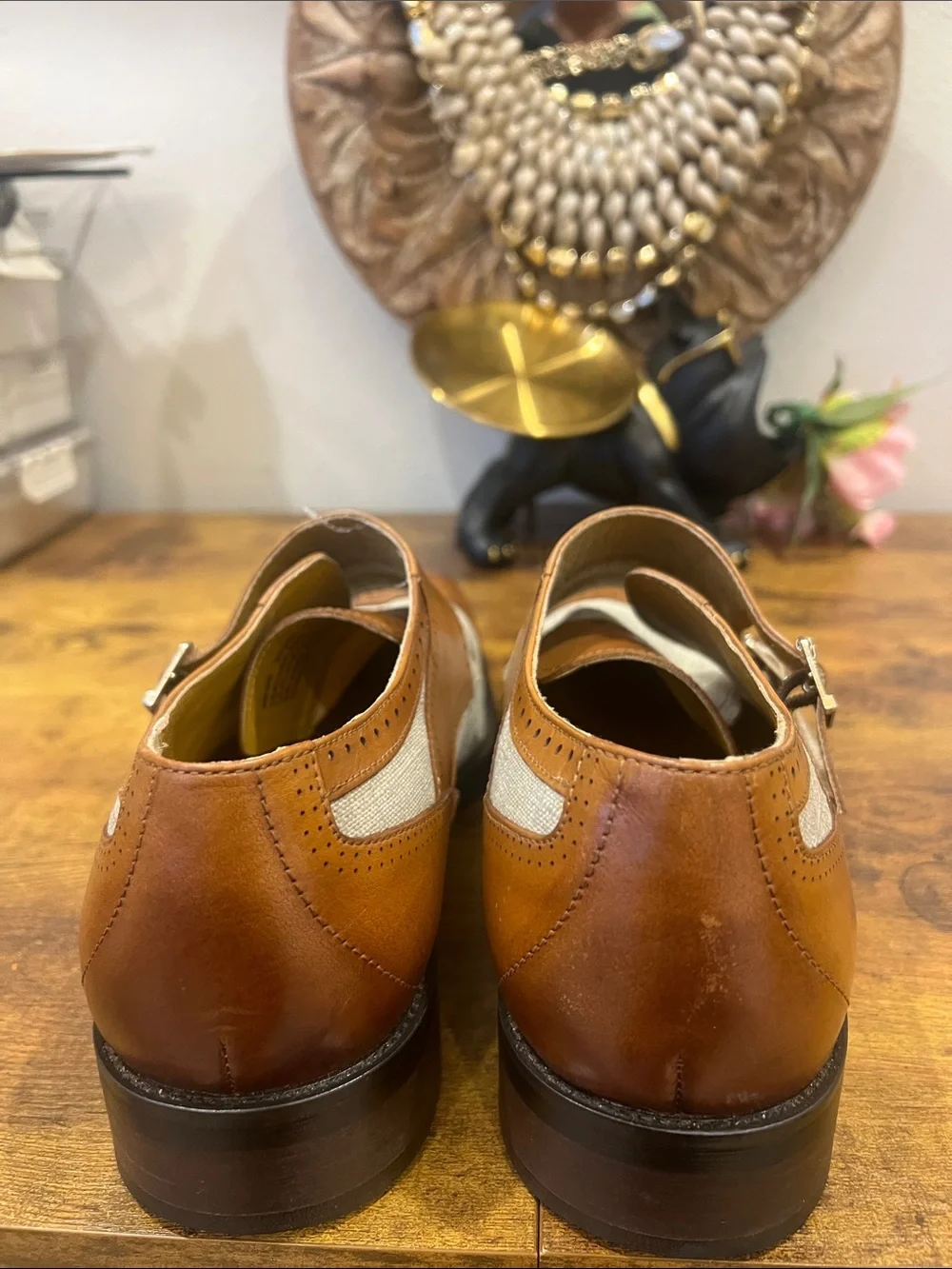 Stacy Adams Harper Double Monk-Strap Cognac Beige Leather & Canvas Shoes:Size 11